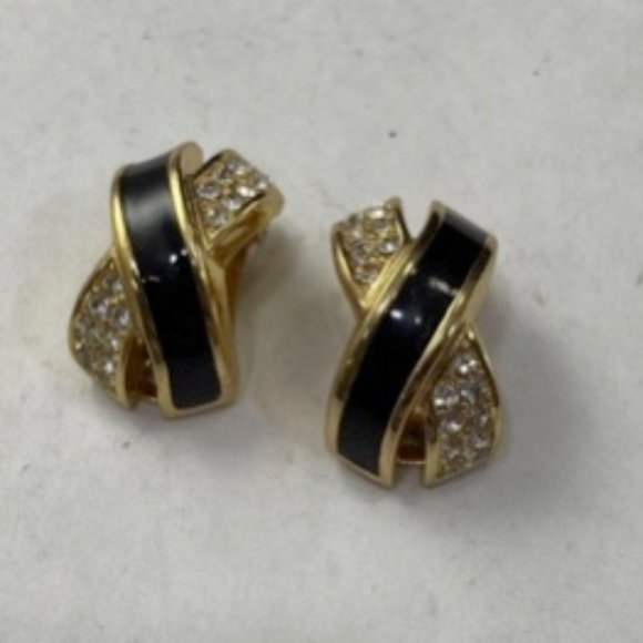 Christian Dior 100% Authentic Vintage Gold  Black & Rhinestone Clip On Earrings - Picture 1 of 5